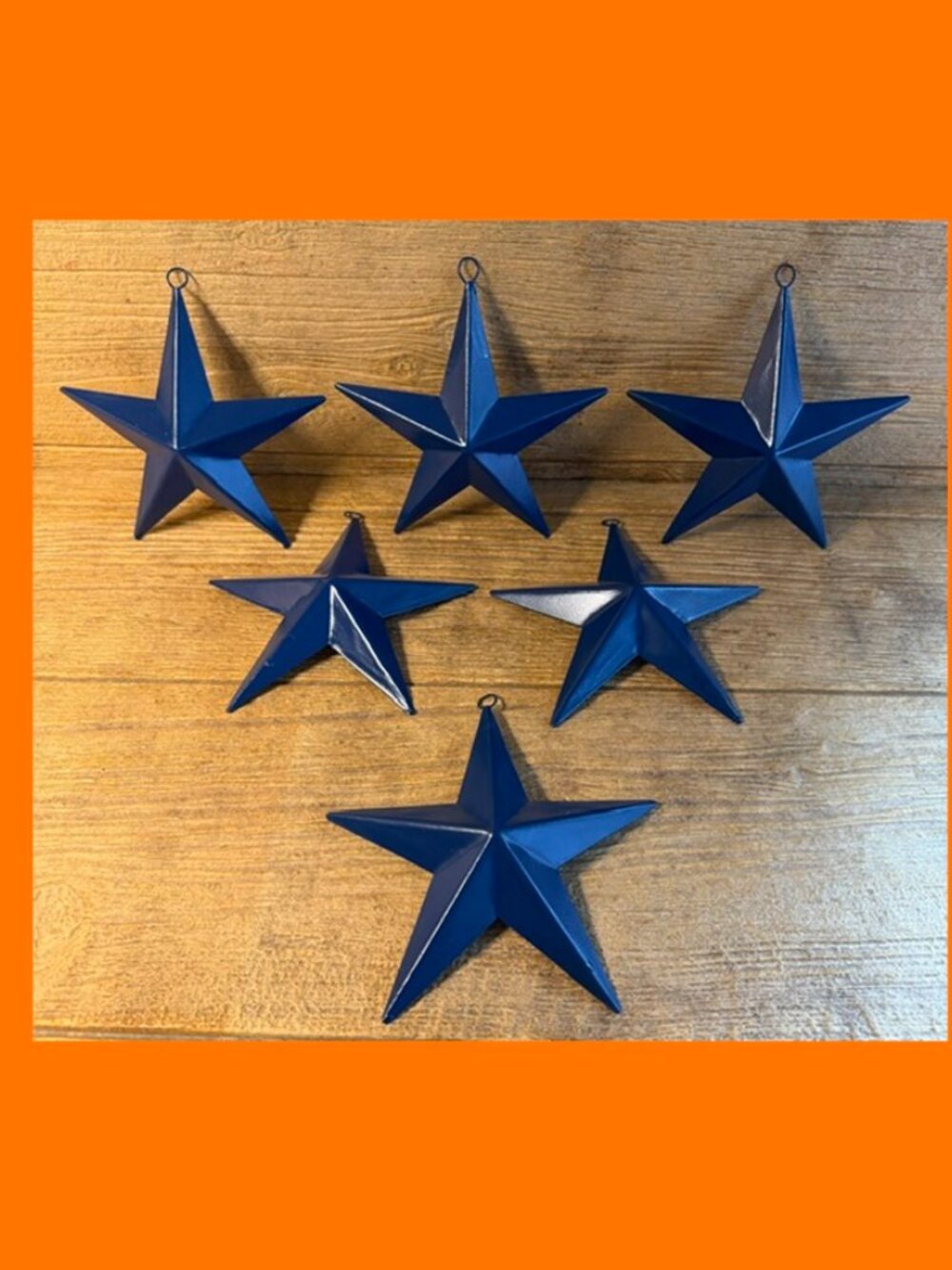 Set of Six Blue Painted Tin Stars w/ Hanging Loop 6 3/4" X 6 3/4" Six (6) 16006B